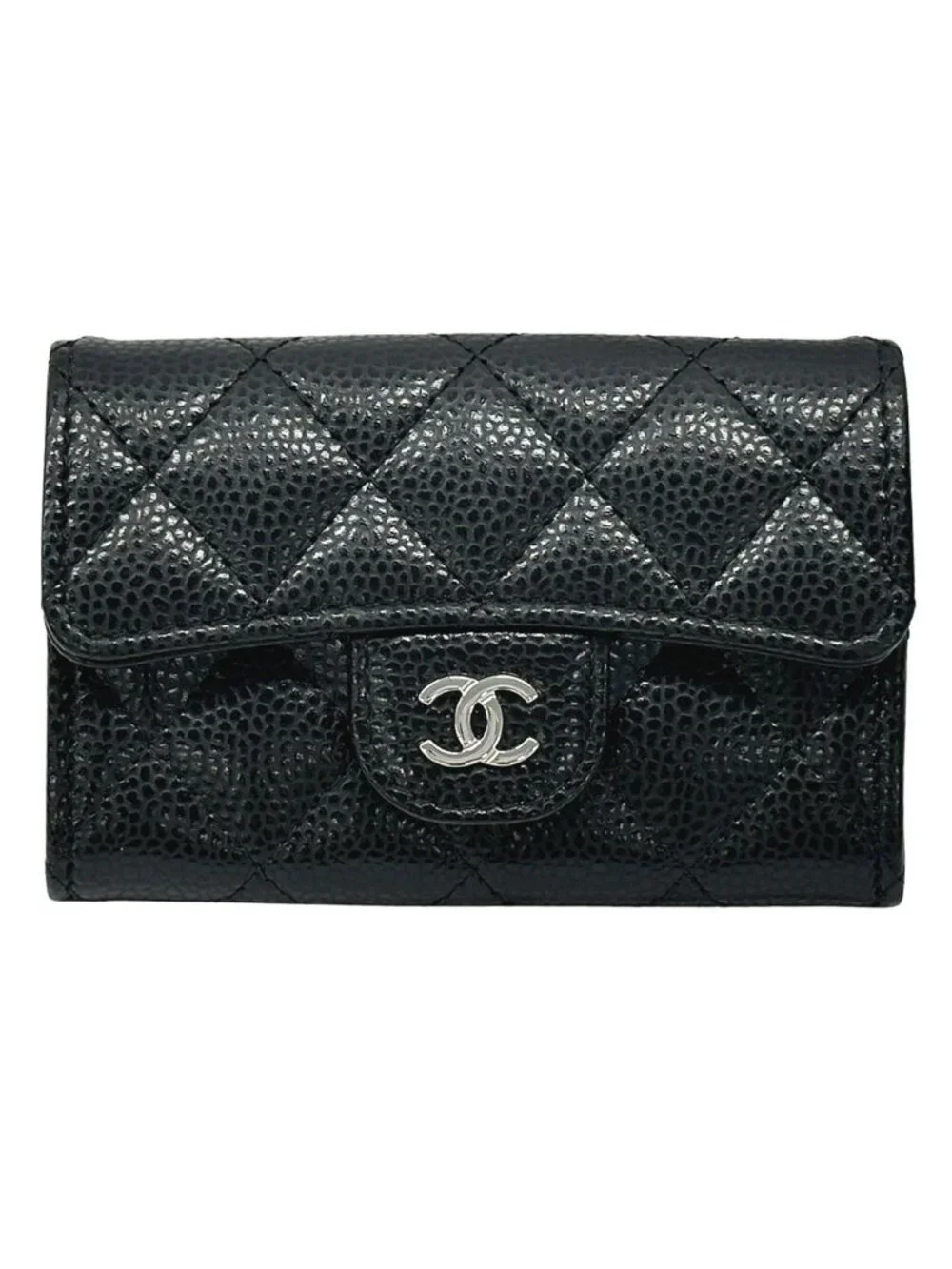 Chanel Card Case Quilted Caviar Leather Black Silver Business Holder Compact